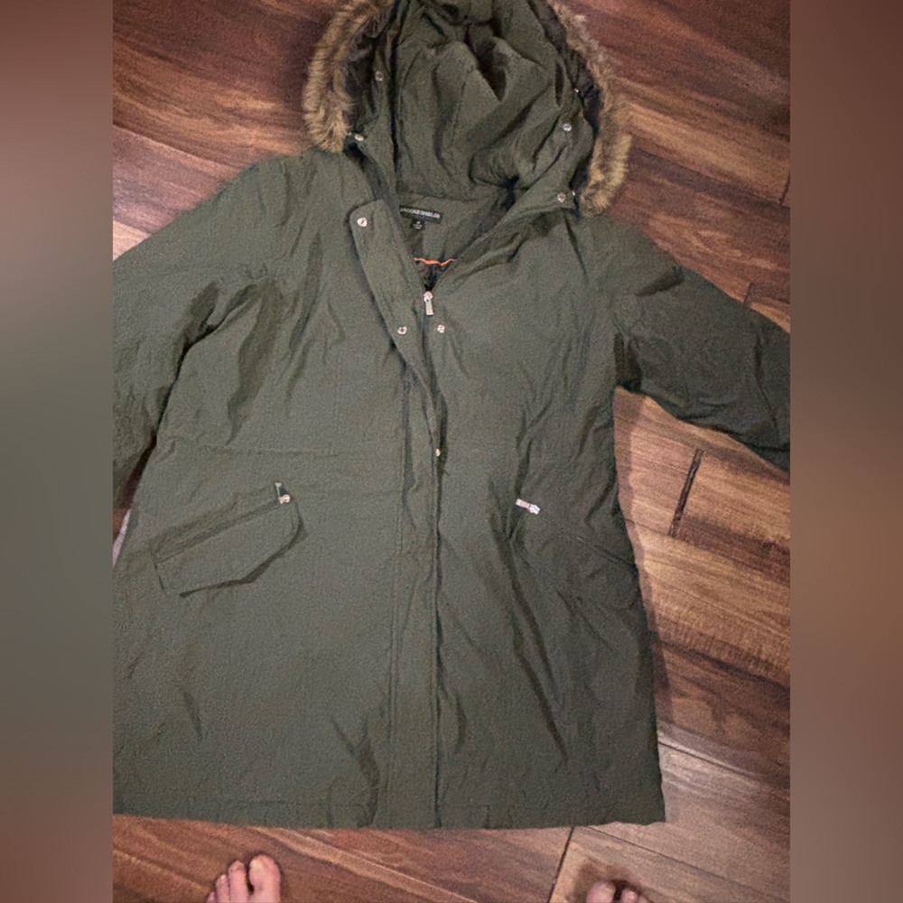Brooke shields jacket 1x olive green 1990 fur lined hood pockets gold hardware